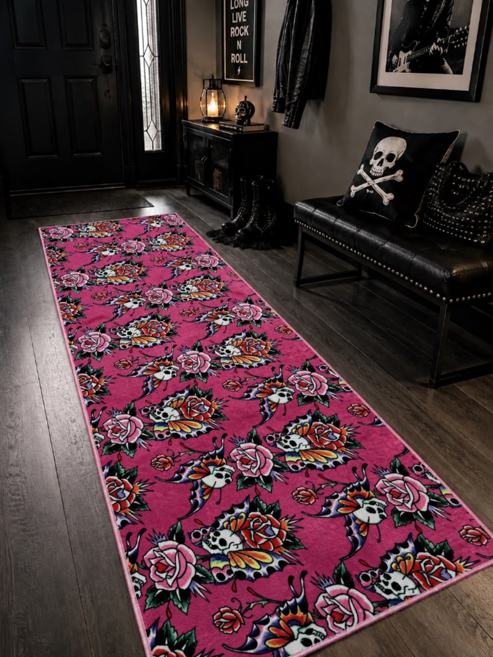 Ed Hardy Skull Rose Butterfly Tattoo Pink Runner Accent Rug 24x60 Washable NEW